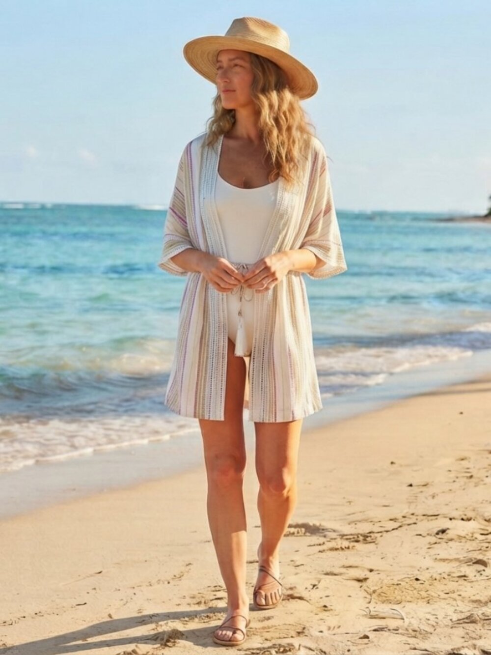 Coastal Comfort Metallic Striped Crochet Lace Kimono Cover-Up L